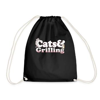 Cute Kawaii Cats And Grilling Women's Cat and - Drawstring Bag - black - Front