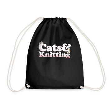 Cute Kawaii Cats And Knitting Women's Cat and - Drawstring Bag - black - Front