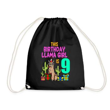 Llama Girl 9th Birthday Party Alpaca - Drawstring Bag - black - Front