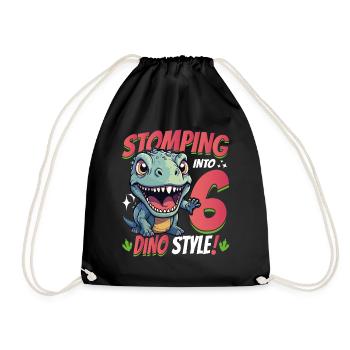 T-Rex Turning 6: Stomping into 6th Dino Style Bday - Drawstring Bag - black - Front