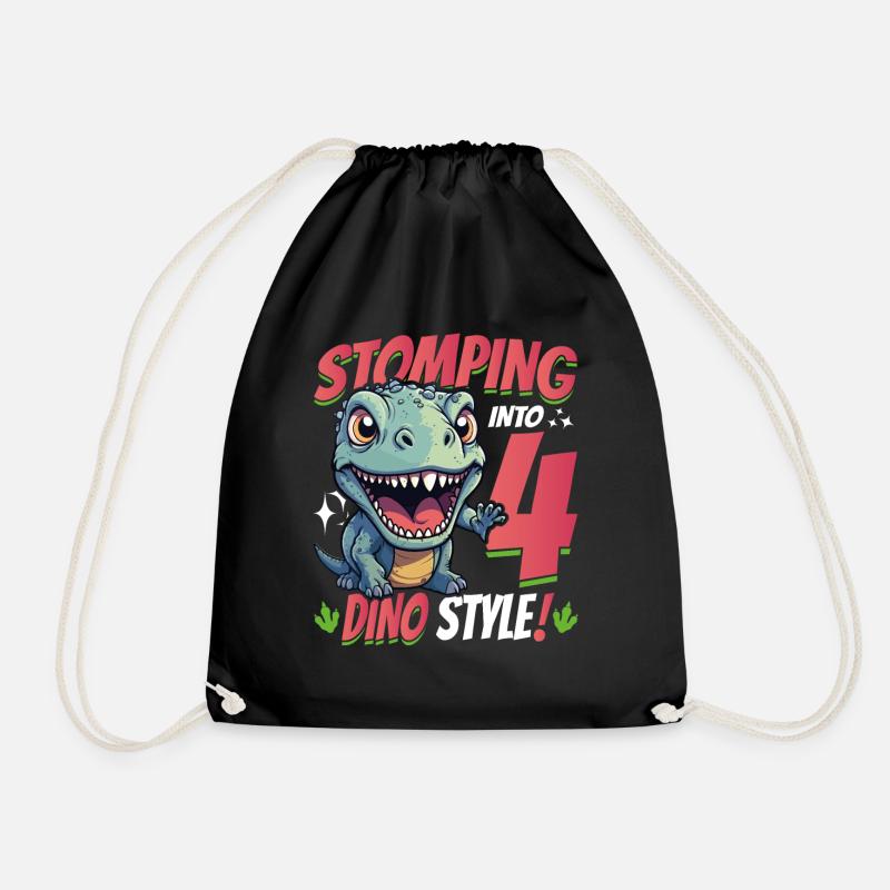 T-Rex Turning 4 Stomping into 4th Dino Style Bday - Drawstring Bag - black