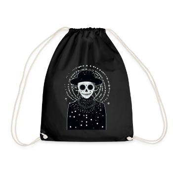 A smiling white skeleton wearing hat and coat - Drawstring Bag - black - Front