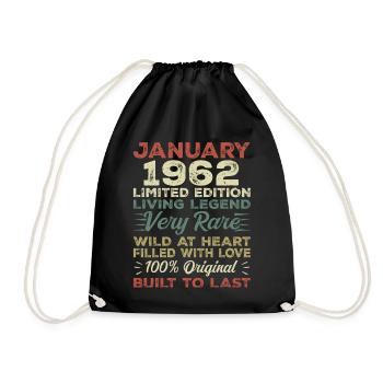 January 1962 birthday - January 1962, January 1962 - Drawstring Bag - black - Front