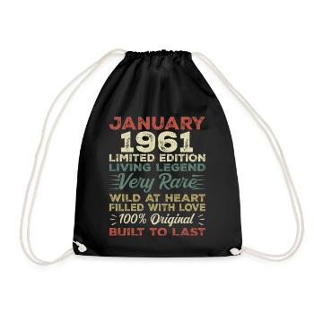 Januar 1961 Geburtstag - Januar 1961, January 1961 - Turnbeutel - Schwarz - Vorne