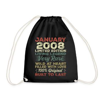 January 2008 Birthday - January 2008, January 2008 - Drawstring Bag - black - Front
