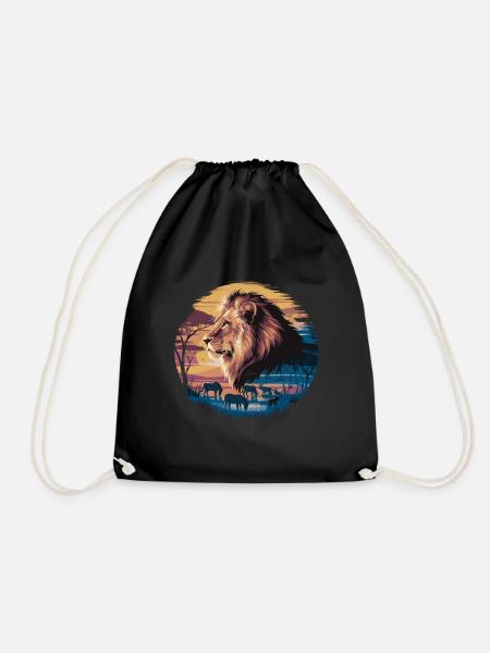 Lion in the desert with zebras and antelopes at - Drawstring Bag - black