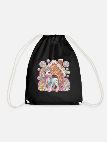 Candy Unicorn and Gingerbread House Magic - Drawstring Bag - black