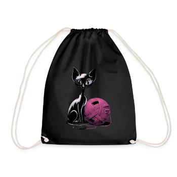 Black cat with ball of wool for cat lovers - Drawstring Bag - black - Front