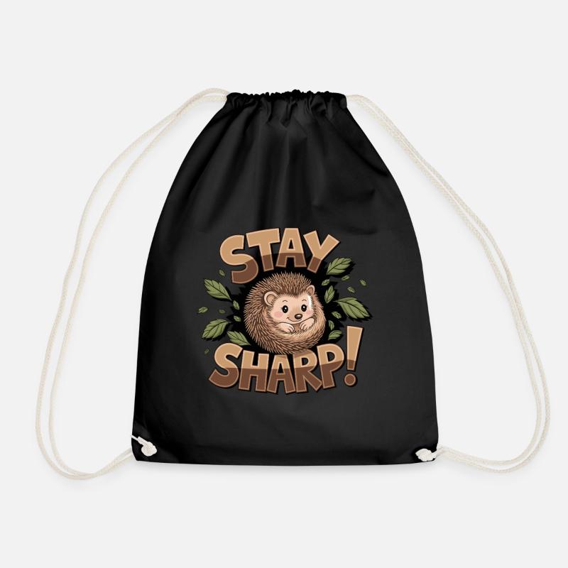 Stay sharp hedgehog with leaves surrounded cute - Drawstring Bag - black