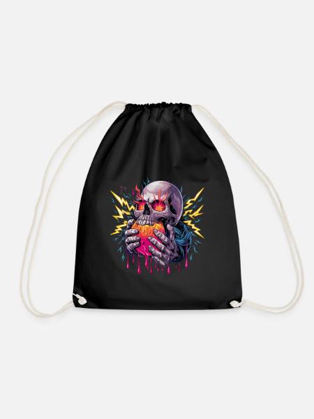 Crâne avec cœur enflammé et foudre - Sac de sport léger - noir