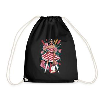 Rockabilly Retro Frau Mit Gitarre Und Blumen - Turnbeutel - Schwarz - Vorne
