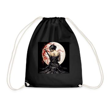 Geisha in front of full moon with cherry blossoms decoration - Drawstring Bag - black - Front