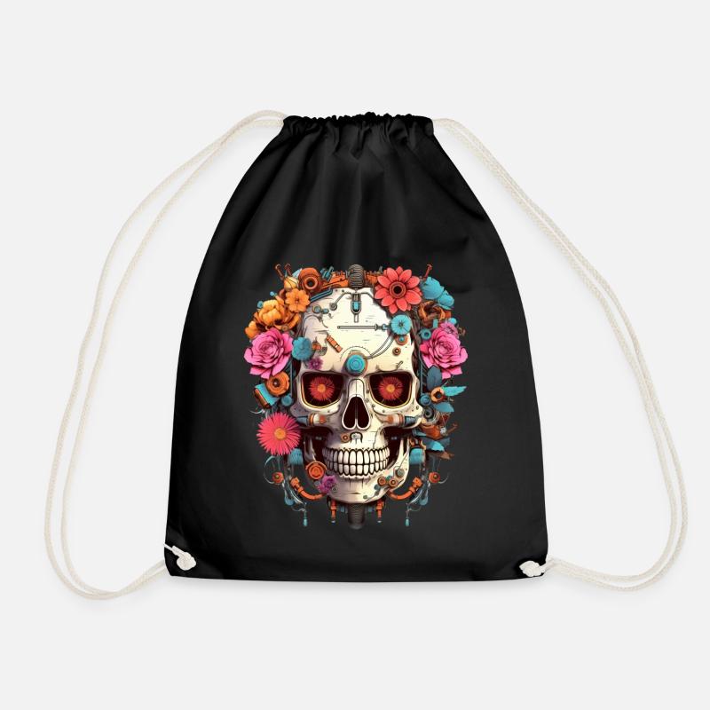Cyborg Skull Robot Android Sugar Skull - Drawstring Bag - black