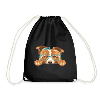 Peeking Border Collie dog with bow and eyeglasses - Drawstring Bag - black - Front