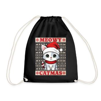 Cat Christmas Merry Meowy Catmas Ugly Cute - Drawstring Bag - black - Front