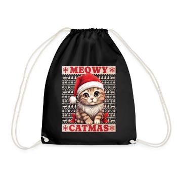 Cat Christmas Merry Meowy Catmas Ugly Cute - Drawstring Bag - black - Front