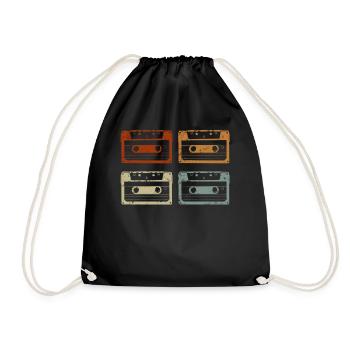 80's Cassette Tape 1990s Pencil Winding Cassette - Drawstring Bag - black - Front