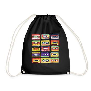 80's Cassette Tape 1990s Pencil Winding Cassette - Drawstring Bag - black - Front