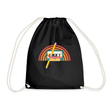 80's Cassette Tape 1990s Pencil Winding Cassette - Drawstring Bag - black - Front