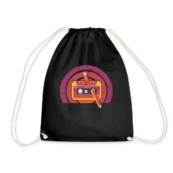 80's Cassette Tape 1990s Pencil Winding Cassette - Drawstring Bag - black - Front