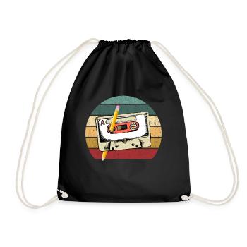 80's Cassette Tape 1990s Pencil Winding Cassette - Drawstring Bag - black - Front