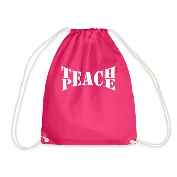 Teach Peace Word Game Groovy Hippie Teacher - Drawstring Bag - fuchsia - Front