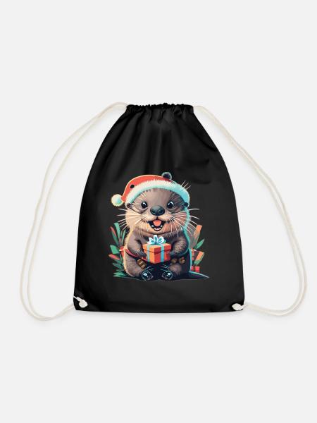 Glückliche Otter-Weihnachtsmütze mit Weihnachtsgeschenk - Turnbeutel - Schwarz