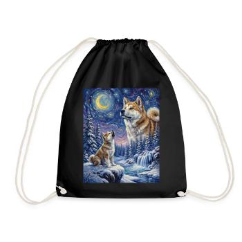 Howling to the Moon Meme Animal Dog Akita Inu - Drawstring Bag - black - Front