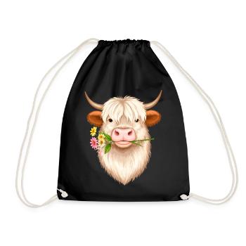Cool Highland Cow with Flower – Scottish Cattle Style - Drawstring Bag - black - Front