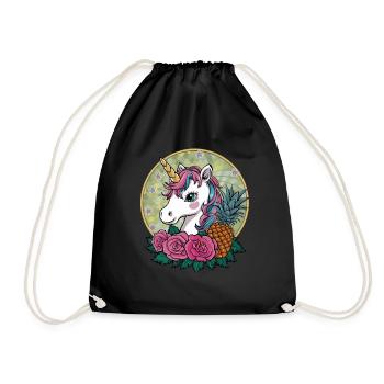 Süßes Cartoon Kawaii Einhorn mit Rosen & Ananas - Turnbeutel - Schwarz - Vorne