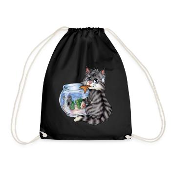 Niedliche Katze Klaut Fisch Fischen Geschenk - Turnbeutel - Schwarz - Vorne