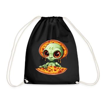 green alien enjoys salami pizza - Drawstring Bag - black - Front