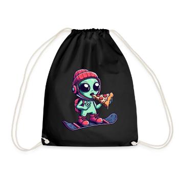 Cool Alien Rides Snowboard And Eats Pizza - Drawstring Bag - black - Front