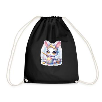 Sweet Chibi Bunny With Hair Band And Easter Eggs - Drawstring Bag - black - Front
