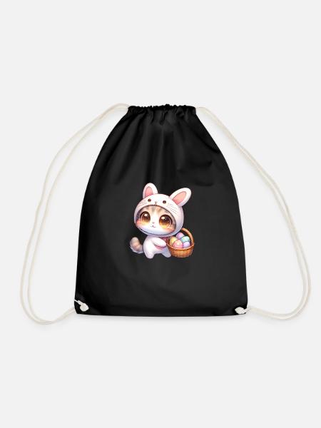 Katze im Hasen-Outfit mit Osterkörbchen - Turnbeutel - Schwarz