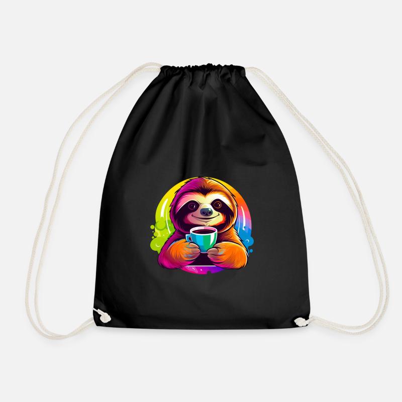 Cute sloth drinking coffee - Drawstring Bag - black