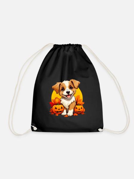 Cute puppy with leaves and pumpkins - Drawstring Bag - black