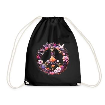 Peace Symbol, Friedenssymbol, Peacezeichen, Blumen - Turnbeutel - Schwarz - Vorne
