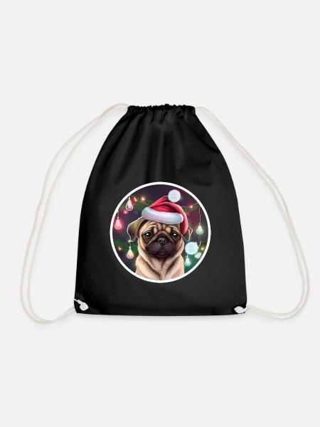 Pug with Christmas hat and fairy lights - Drawstring Bag - black