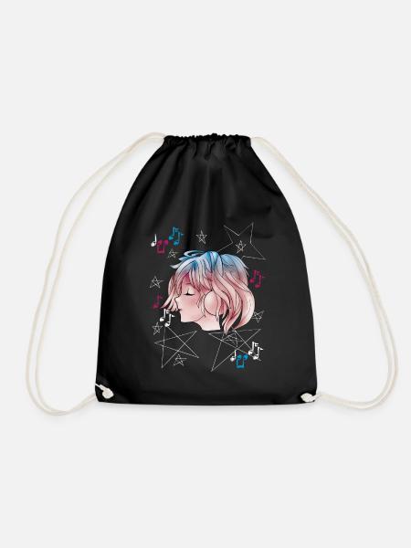 Manga Girl with Headphone Anime - Drawstring Bag - black
