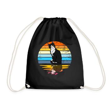 Tuxedo Katze Retro Sonnenuntergang Vintage Cat Lad - Turnbeutel - Schwarz - Vorne