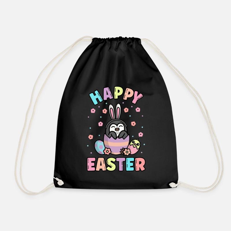 Happy Easter Penguin With Rabbit Ears Spring - Drawstring Bag - black
