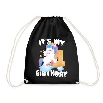 My Birthday Girl, Unicorn Birthday 4 - Drawstring Bag - black - Front