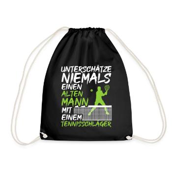 Alter Mann mit einem Tennisschläger | Tennis Shirt - Turnbeutel - Schwarz - Vorne