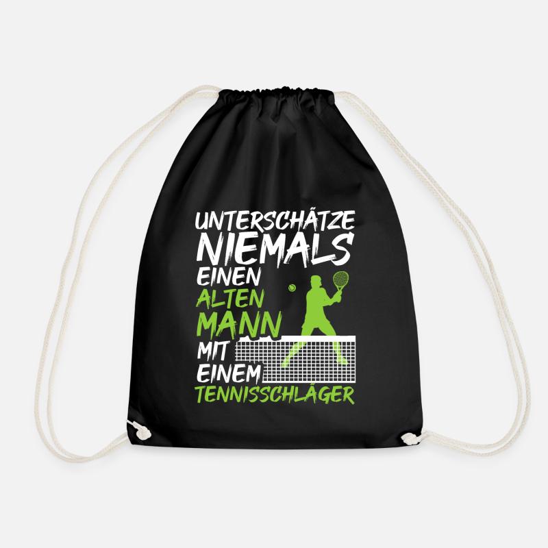 Alter Mann mit einem Tennisschläger | Tennis Shirt - Turnbeutel - Schwarz