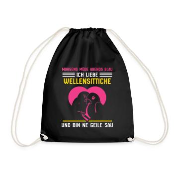 Morgens Müde Abends Blau ich liebe Wellensittiche - Turnbeutel - Schwarz - Vorne