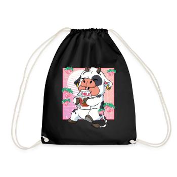 Kawaii Cow Strawberry Milk - Drawstring Bag - black - Front