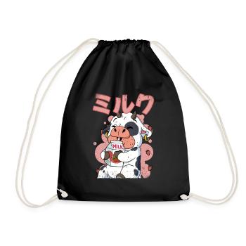 Kawaii Cow Strawberry Milk - Drawstring Bag - black - Front