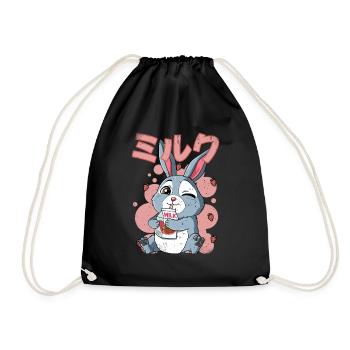Kawaii Rabbit Strawberry Milk - Drawstring Bag - black - Front