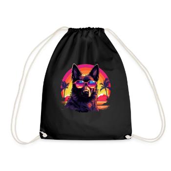 80s 90s Synthwave German German Shepherd - Drawstring Bag - black - Front